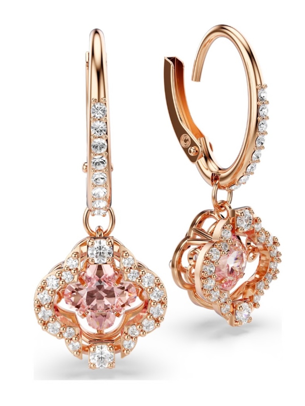 New SWAROVSKI Una Drop Earrings Clover Design with Pink Drop 18K Rose Gold - Picture 4 of 13